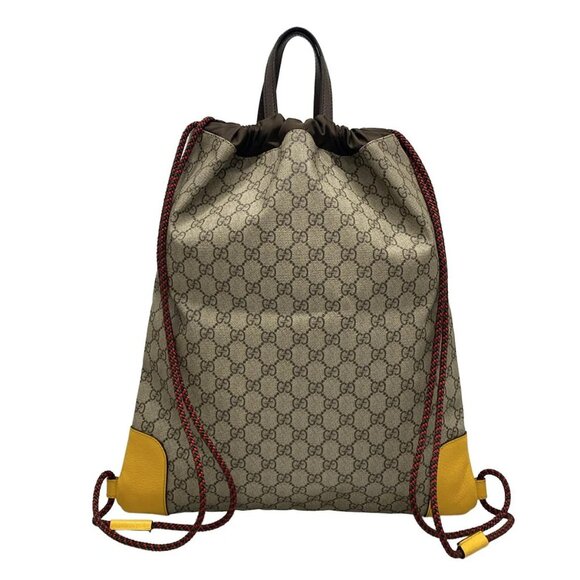 Auth GUCCI GG Supreme Drawstring Backpack 473872 Dark Brown Beige Yellow PVC - Picture 2 of 16
